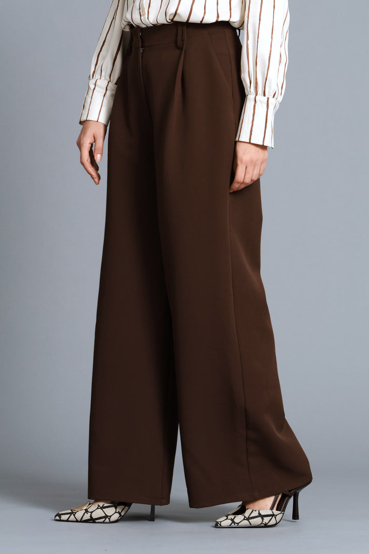 Pleat Fold Wide Leg Pant - Chocolate