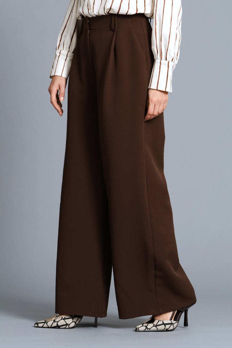 Pleat Fold Wide Leg Pant - Chocolate