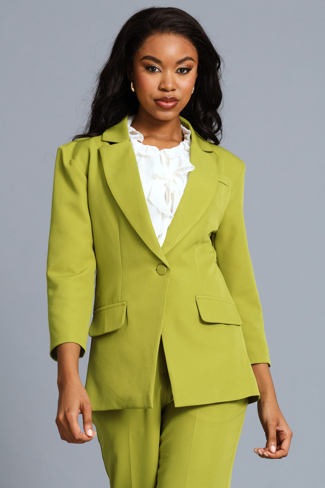 Notch Hem Button Blazer - Chartreuse