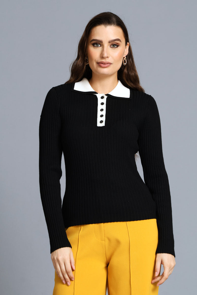 Collared Contrast Long Sleeve Golfer - Black/Cream