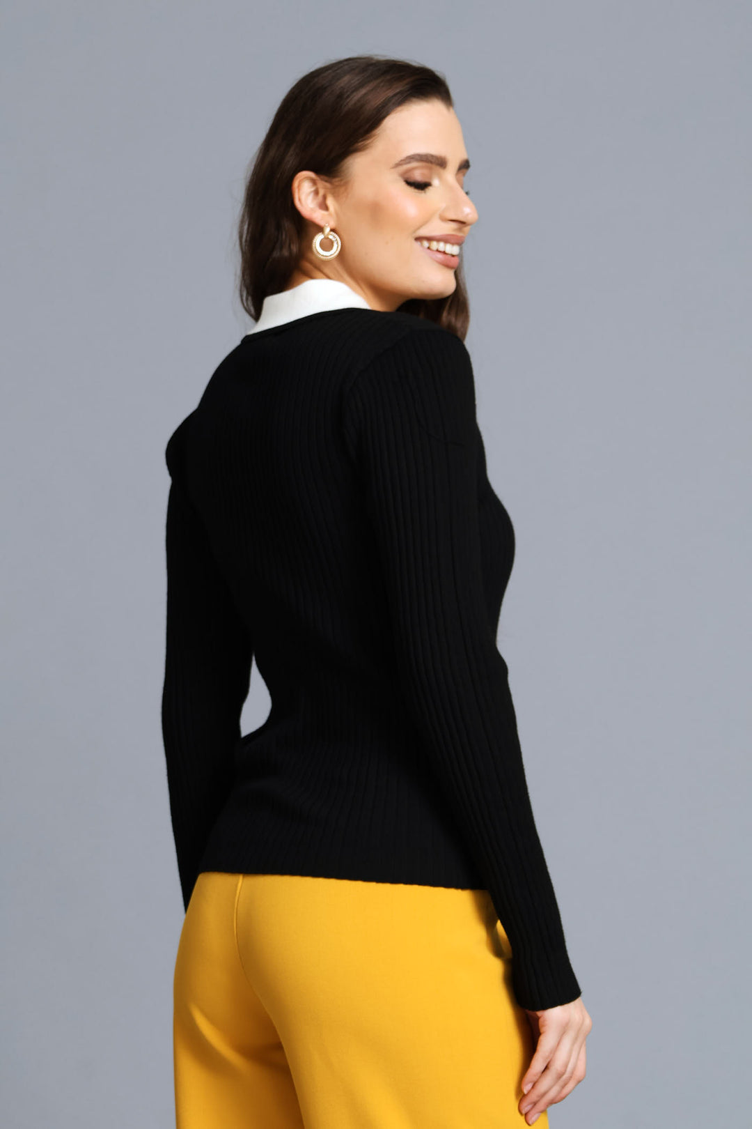 Collared Contrast Long Sleeve Golfer - Black/Cream