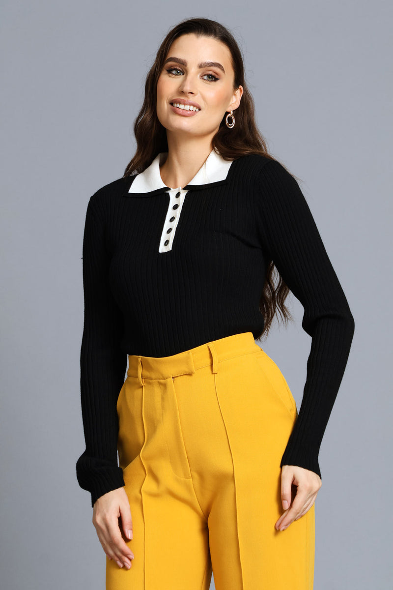 Collared Contrast Long Sleeve Golfer - Black/Cream