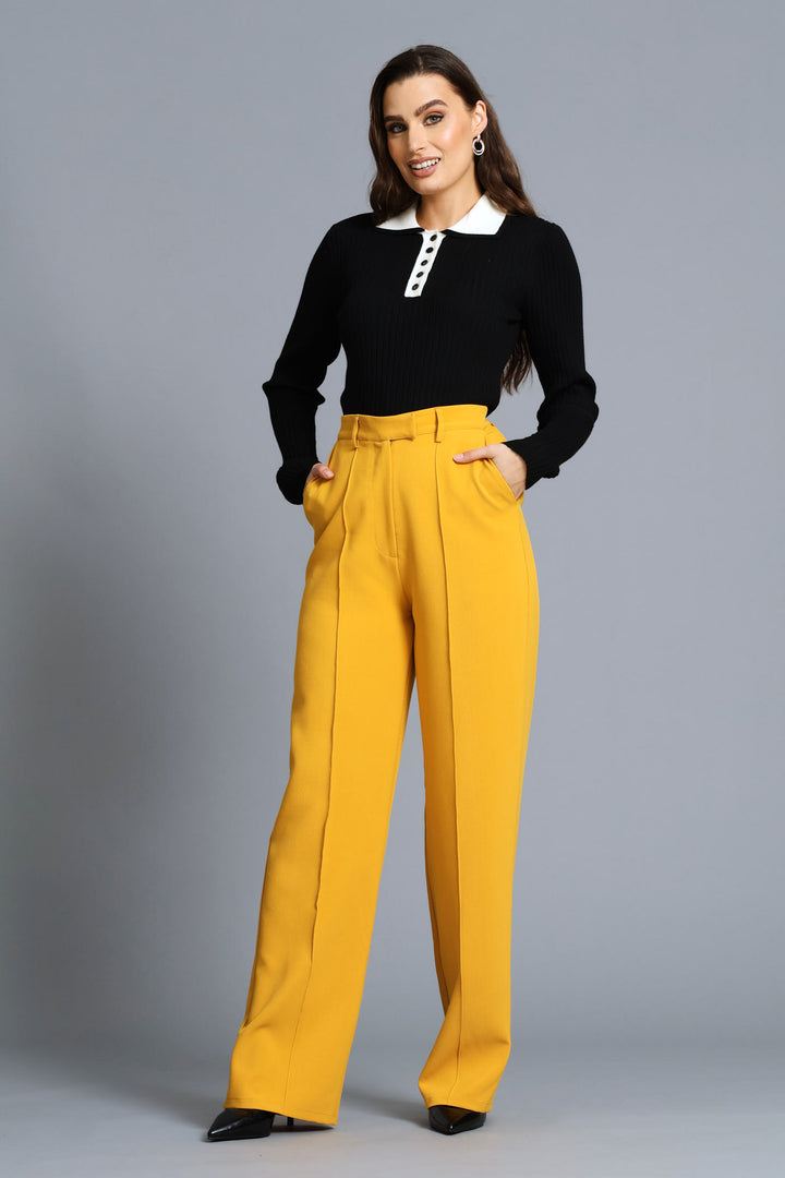 Collared Contrast Long Sleeve Golfer - Black/Cream