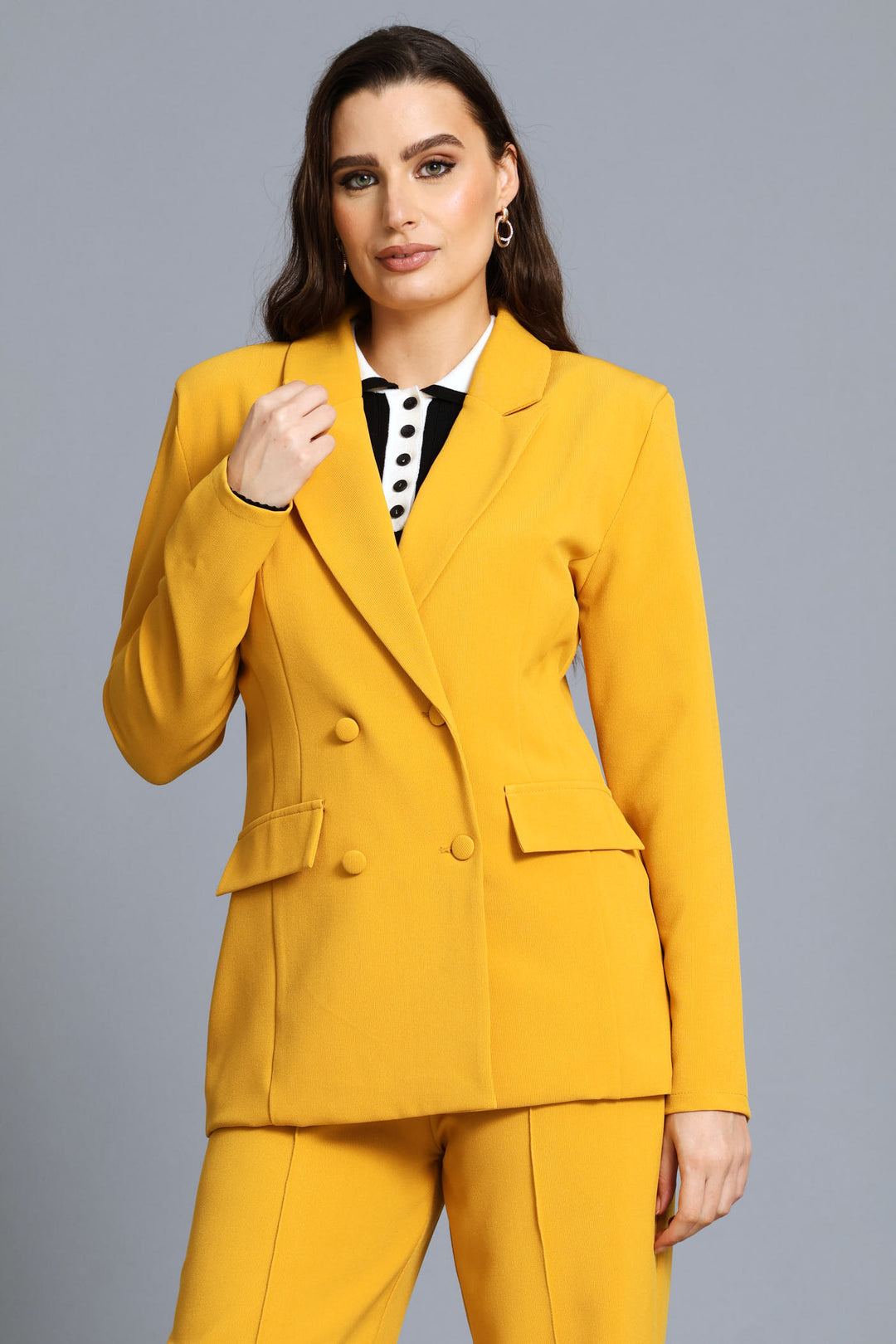 Double Breasted Covered Button Blazer - Mustard
