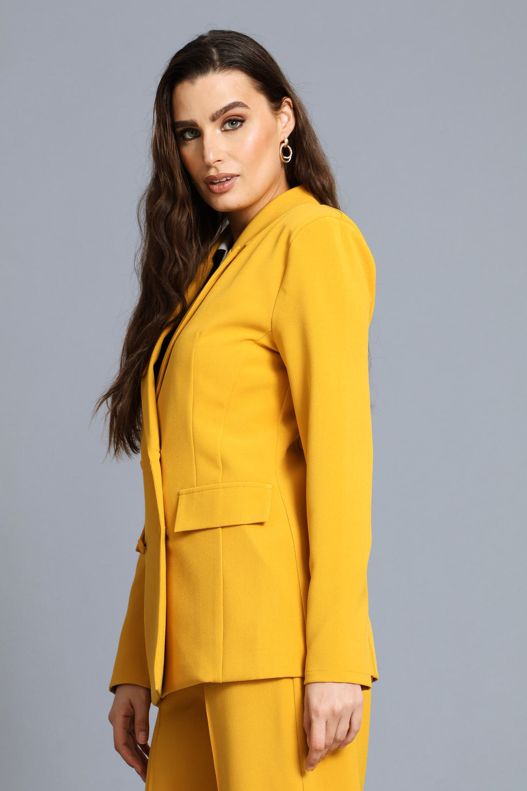 Double Breasted Covered Button Blazer - Mustard