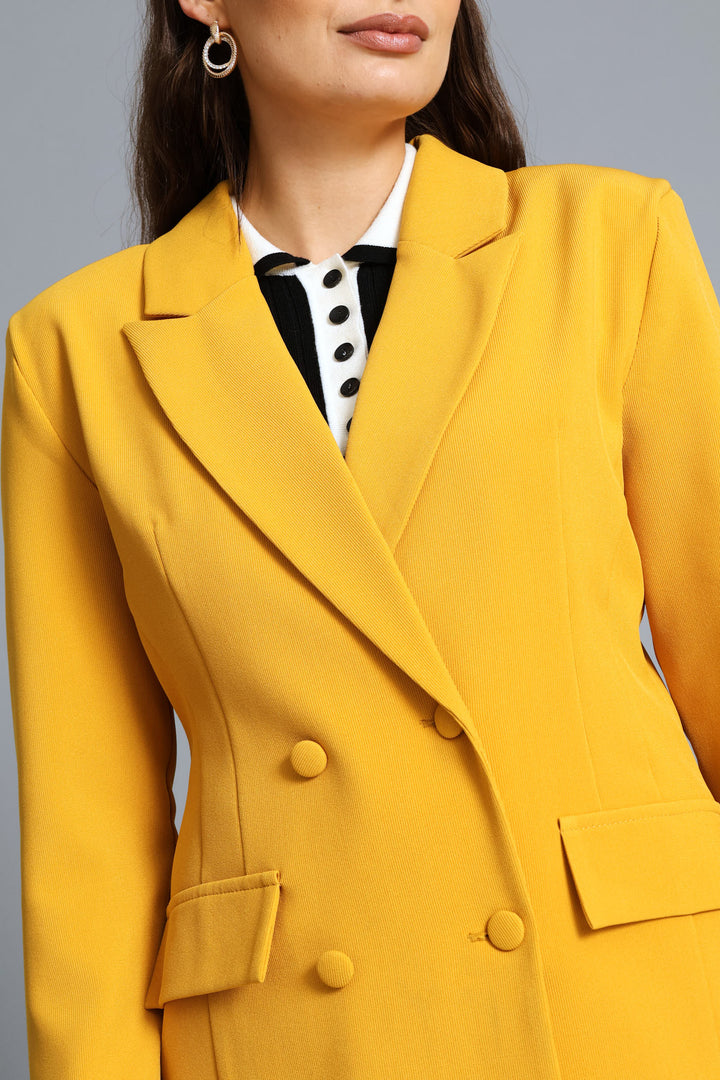 Double Breasted Covered Button Blazer - Mustard