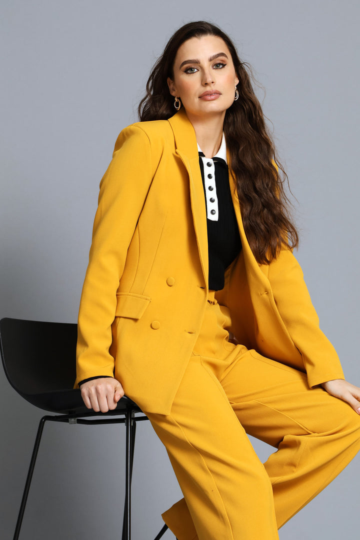 Double Breasted Covered Button Blazer - Mustard