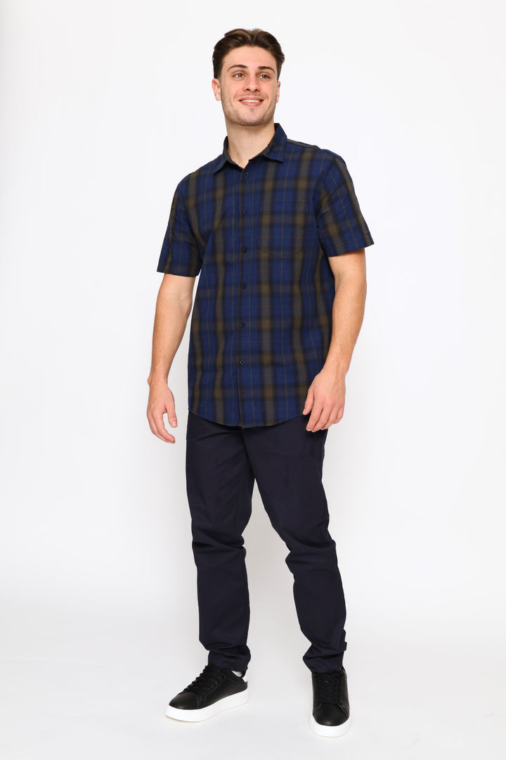 Short Sleeve Regular Check Shirt - Navy/Fatigue