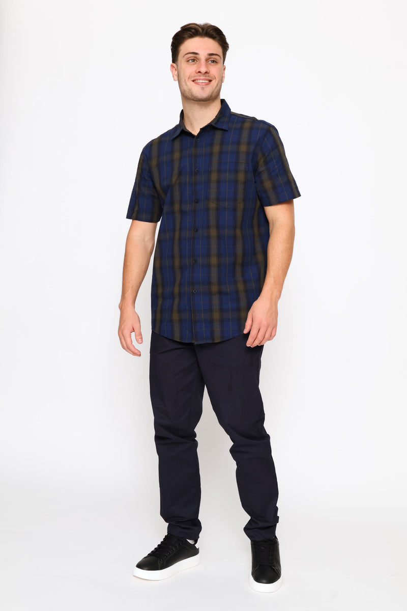 Short Sleeve Regular Check Shirt - Navy/Fatigue