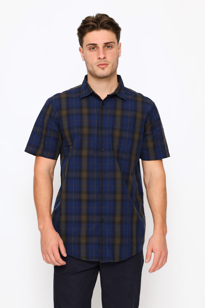 Short Sleeve Regular Check Shirt - Navy/Fatigue