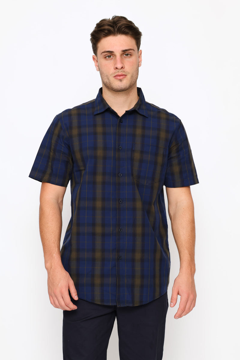 Short Sleeve Regular Check Shirt - Navy/Fatigue