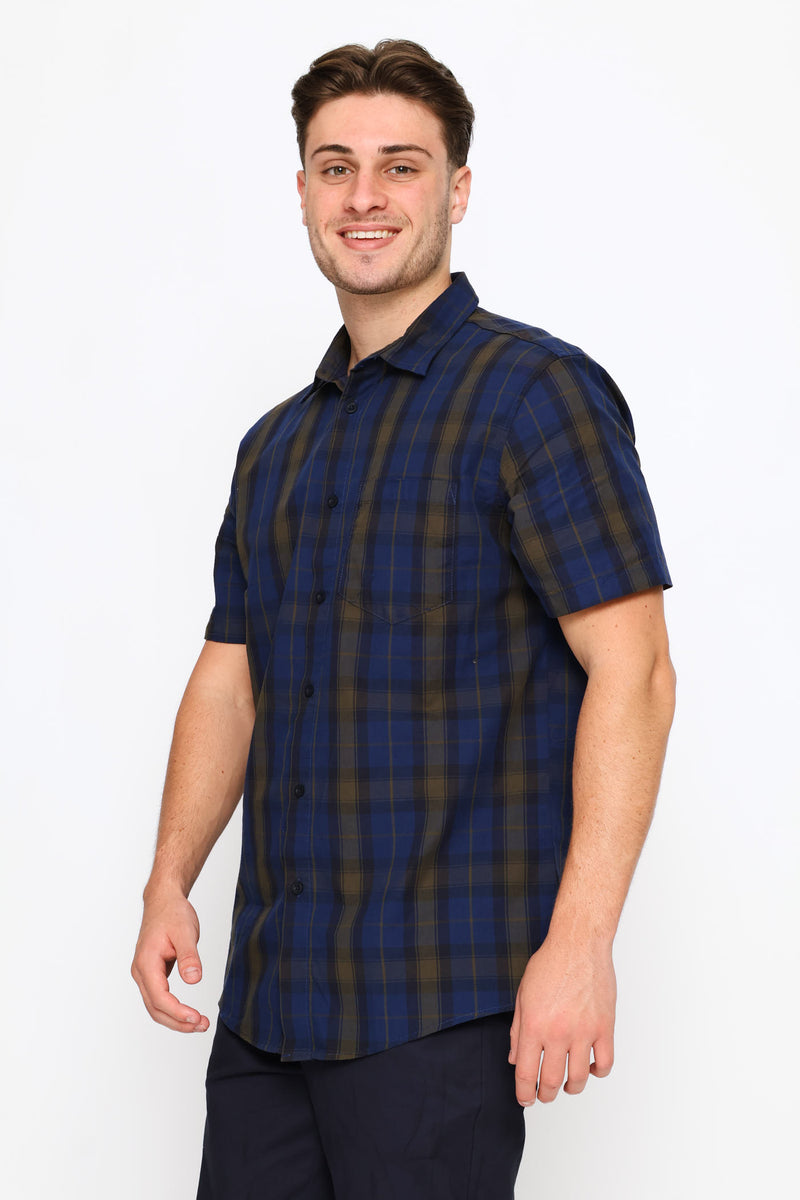 Short Sleeve Regular Check Shirt - Navy/Fatigue