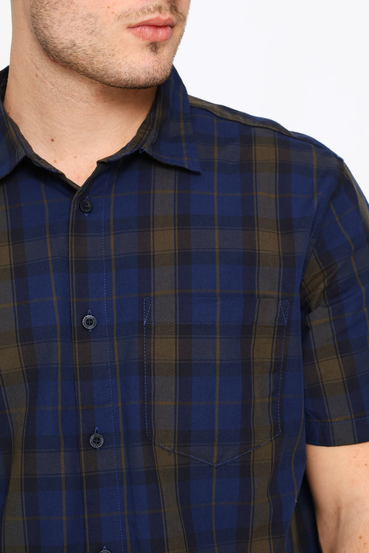 Short Sleeve Regular Check Shirt - Navy/Fatigue