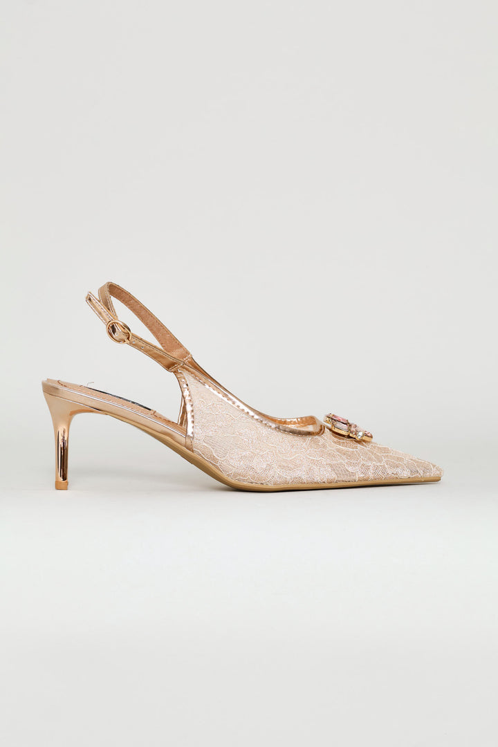 Diamante Lace Slingback Heel - Blush