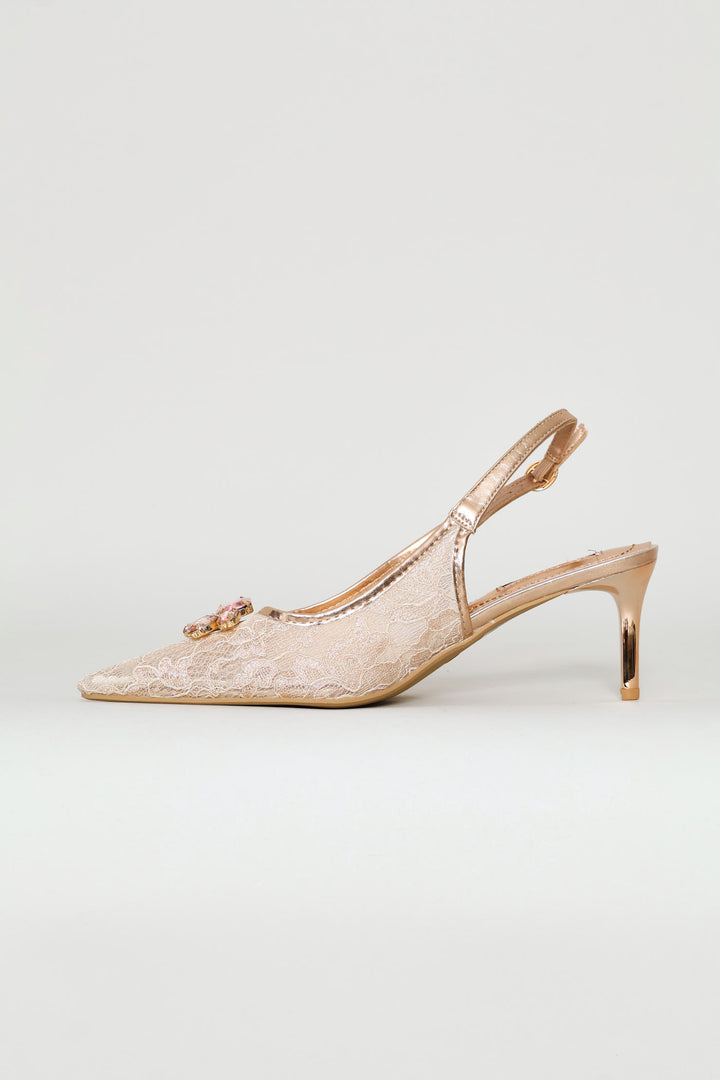 Diamante Lace Slingback Heel - Blush