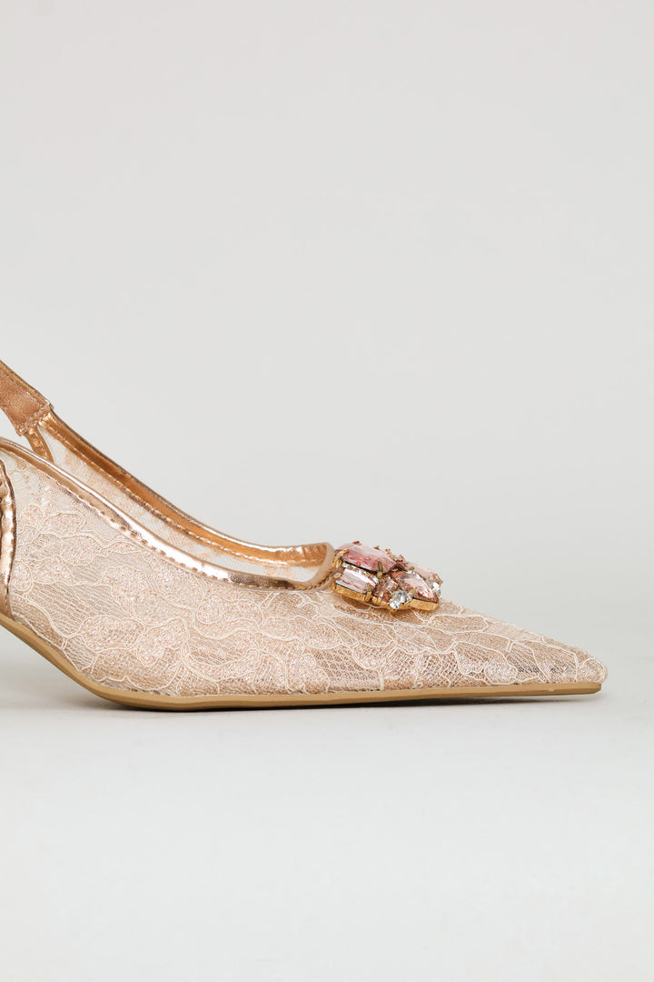 Diamante Lace Slingback Heel - Blush