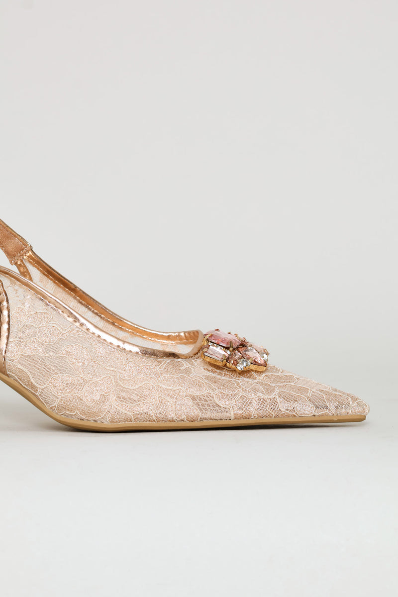 Diamante Lace Slingback Heel - Blush