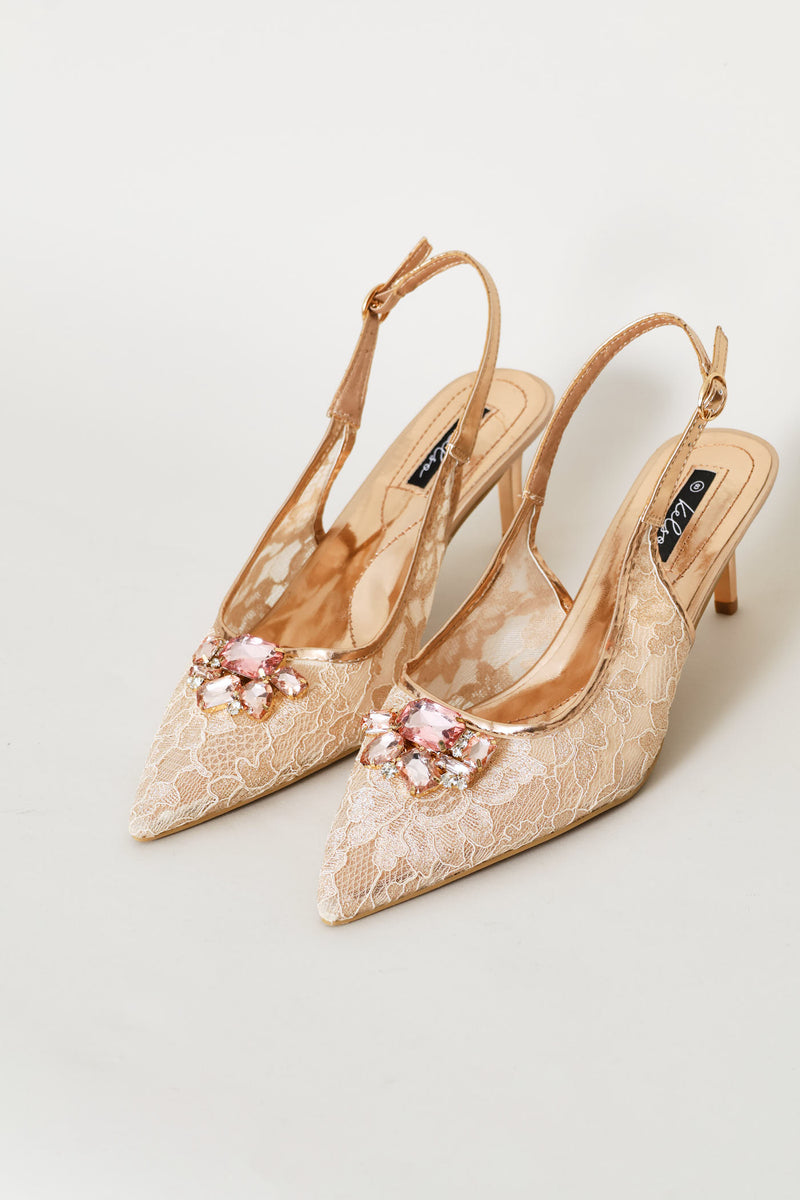 Diamante Lace Slingback Heel - Blush