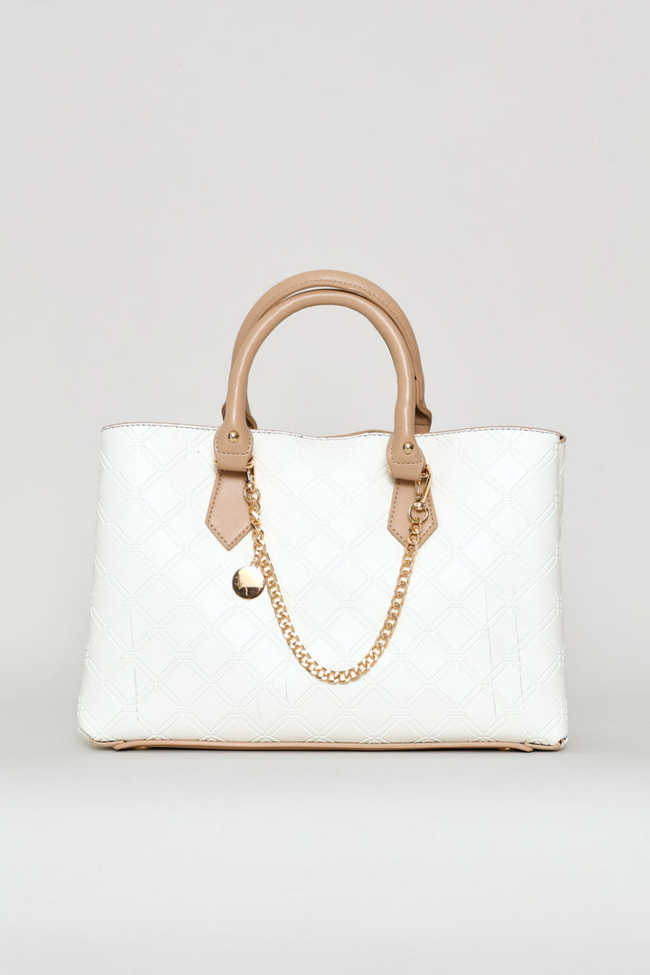 Embosseed Chain Trim Tote Bag - Cream