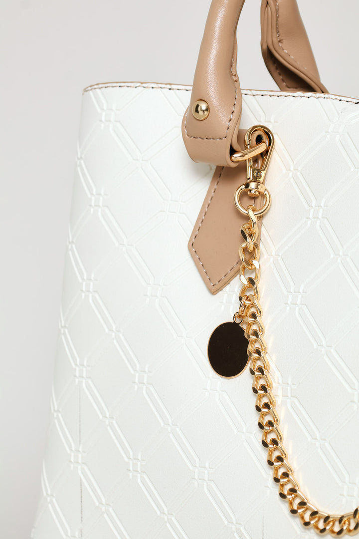 Embosseed Chain Trim Tote Bag - Cream
