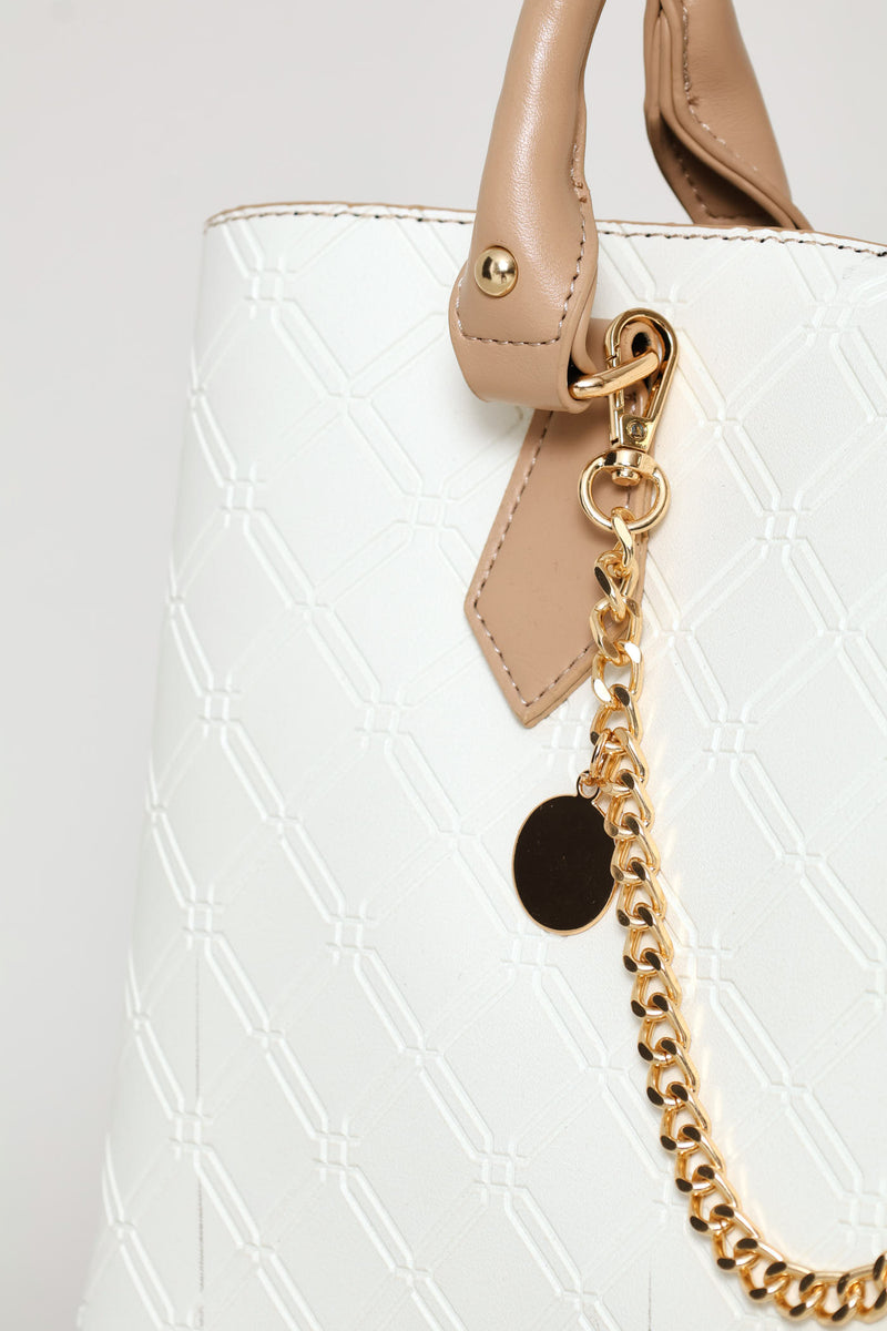 Embosseed Chain Trim Tote Bag - Cream