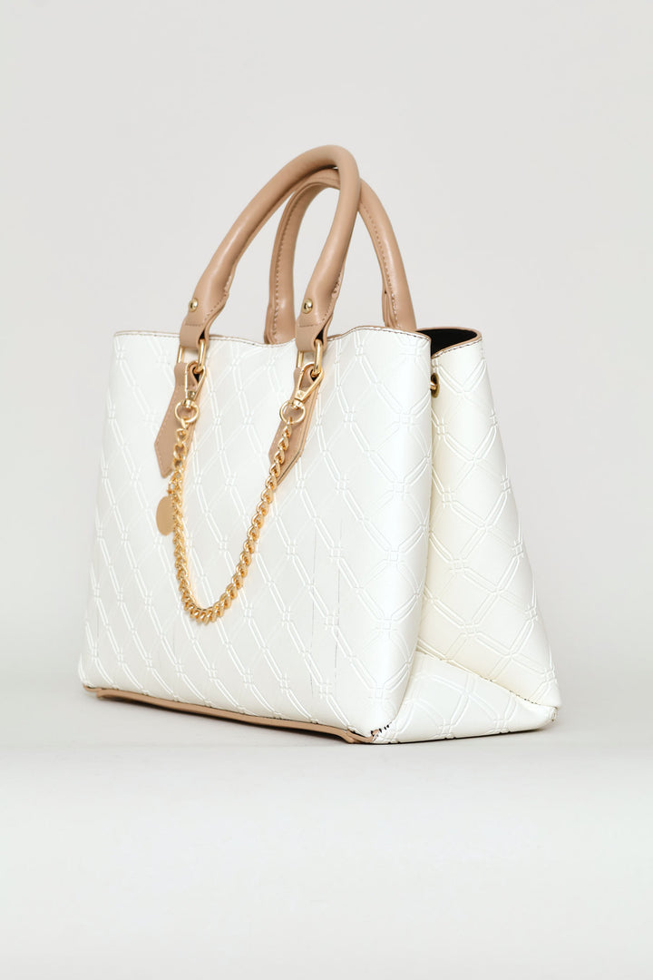 Embosseed Chain Trim Tote Bag - Cream