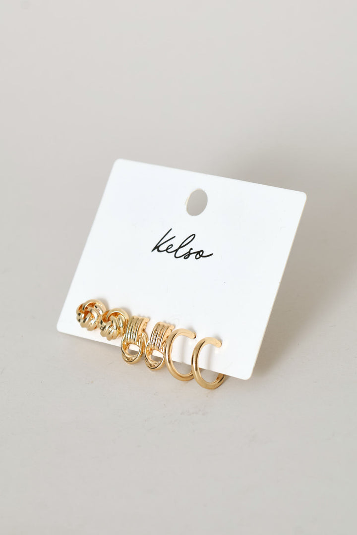 3 Pack Knot Door Knocker & Hoop Earrings - Gold