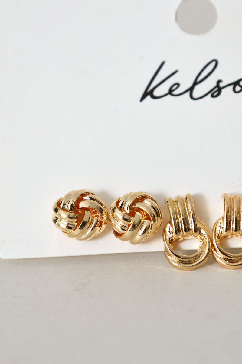 3 Pack Knot Door Knocker & Hoop Earrings - Gold