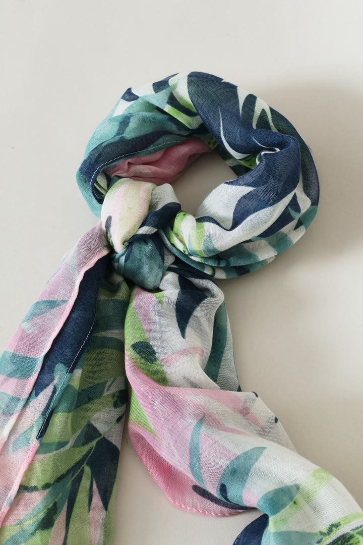 Leaf Print Multi Colour Light Weight Scarf - White