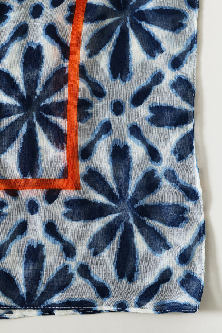 Tile Print Orange Border Light Weight Scarf - Navy