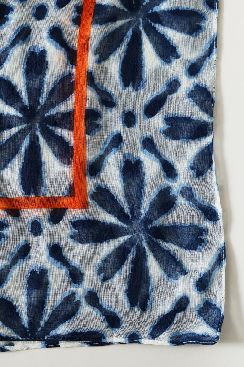 Tile Print Orange Border Light Weight Scarf - Navy