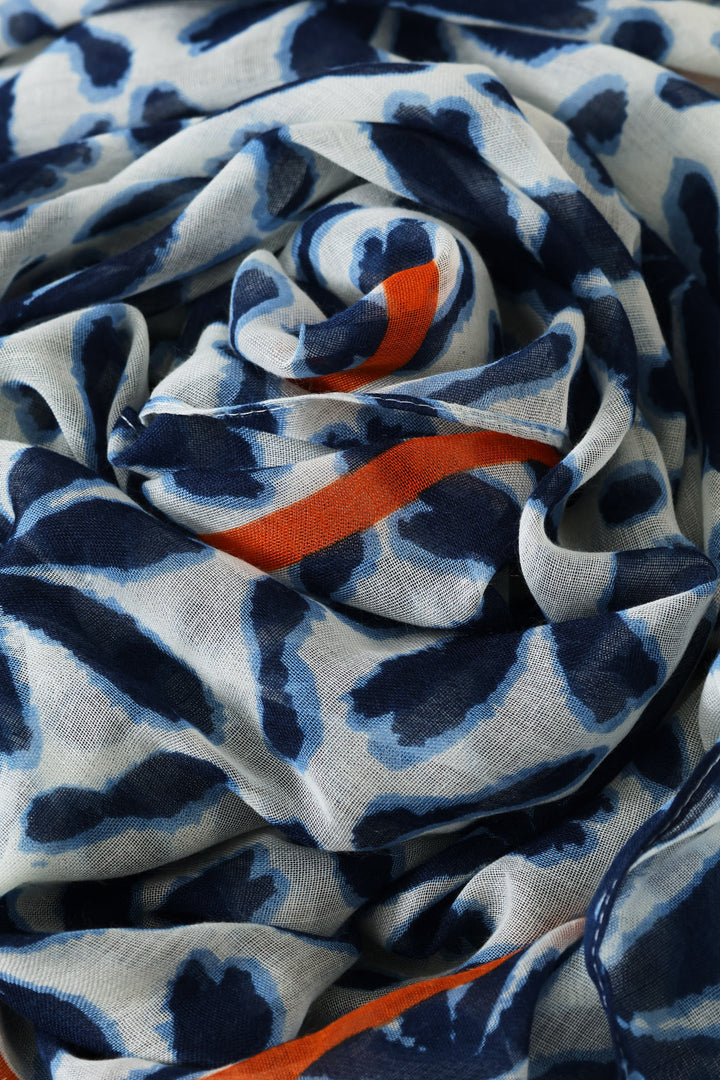 Tile Print Orange Border Light Weight Scarf - Navy