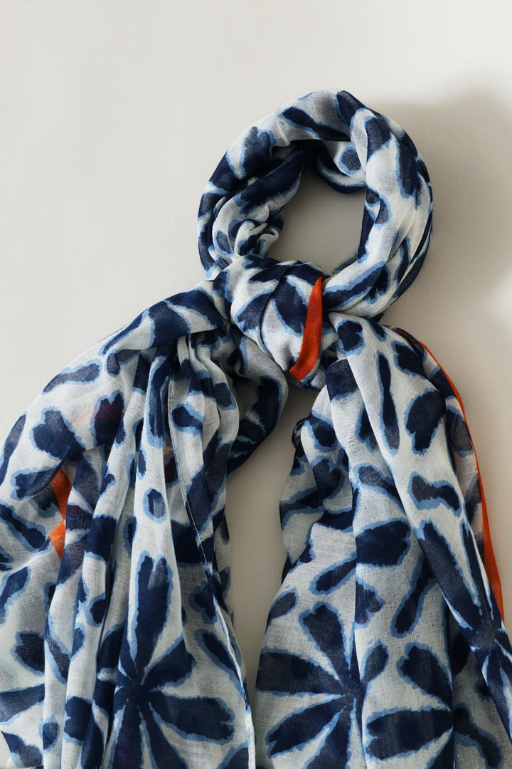 Tile Print Orange Border Light Weight Scarf - Navy