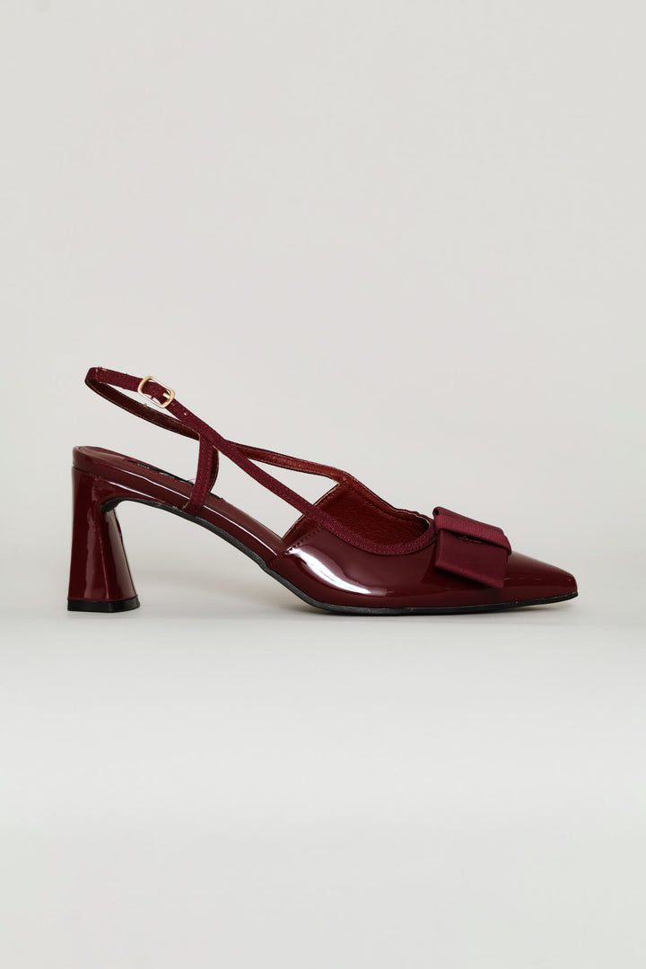 Bow Detail Shaped Pointed Toe Block Heel - Burgundy
