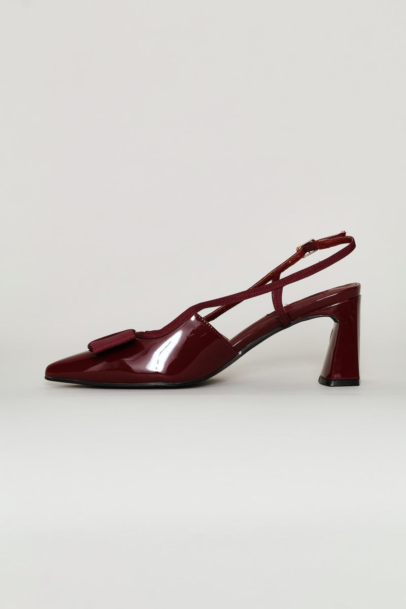 Bow Detail Shaped Pointed Toe Block Heel - Burgundy
