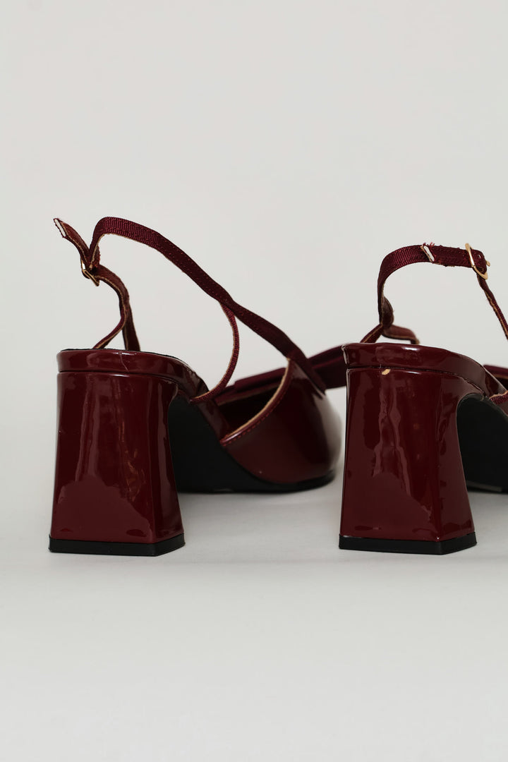 Bow Detail Shaped Pointed Toe Block Heel - Burgundy