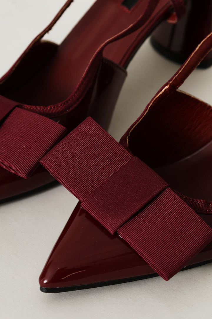 Bow Detail Shaped Pointed Toe Block Heel - Burgundy