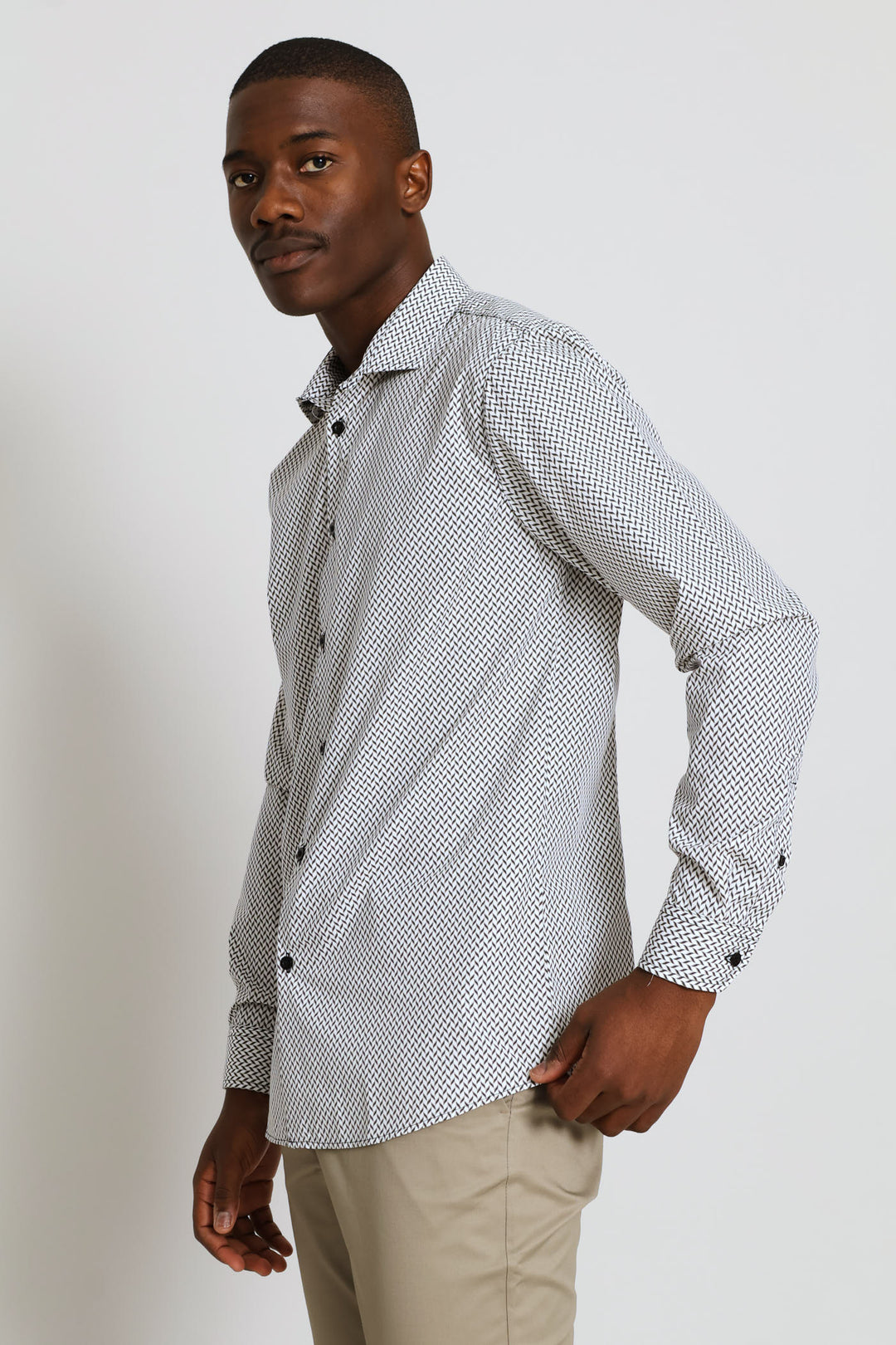 Herringbone Printed Shirt - Beige/Black