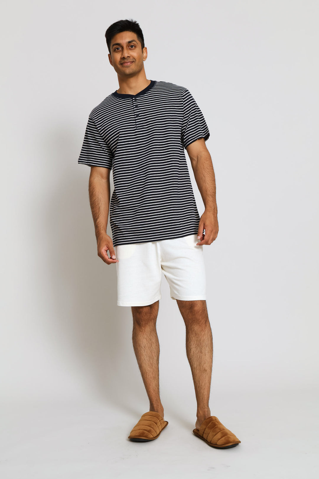 Stripe Yarn Dyed Henley Top - Navy
