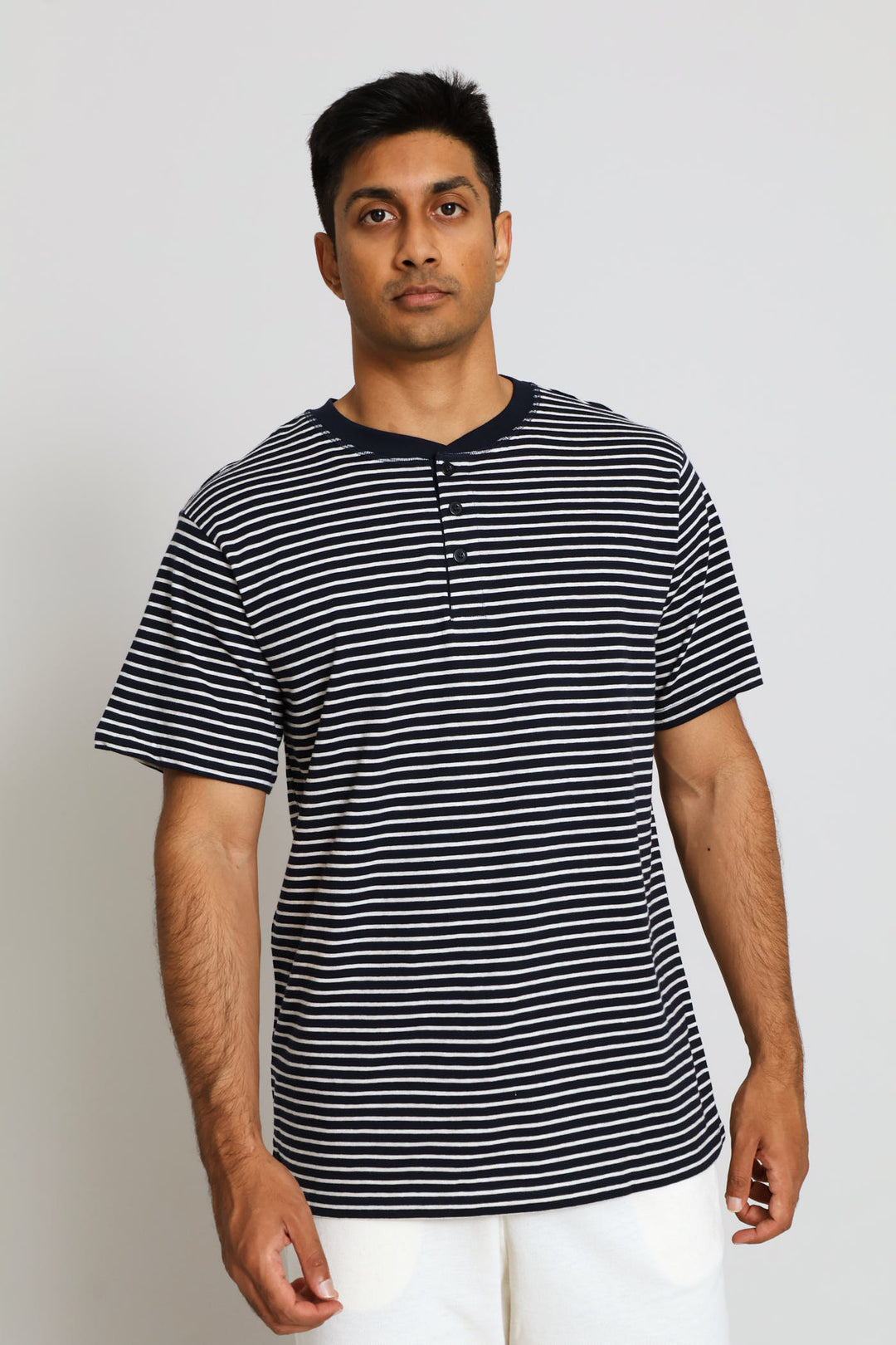 Stripe Yarn Dyed Henley Top - Navy