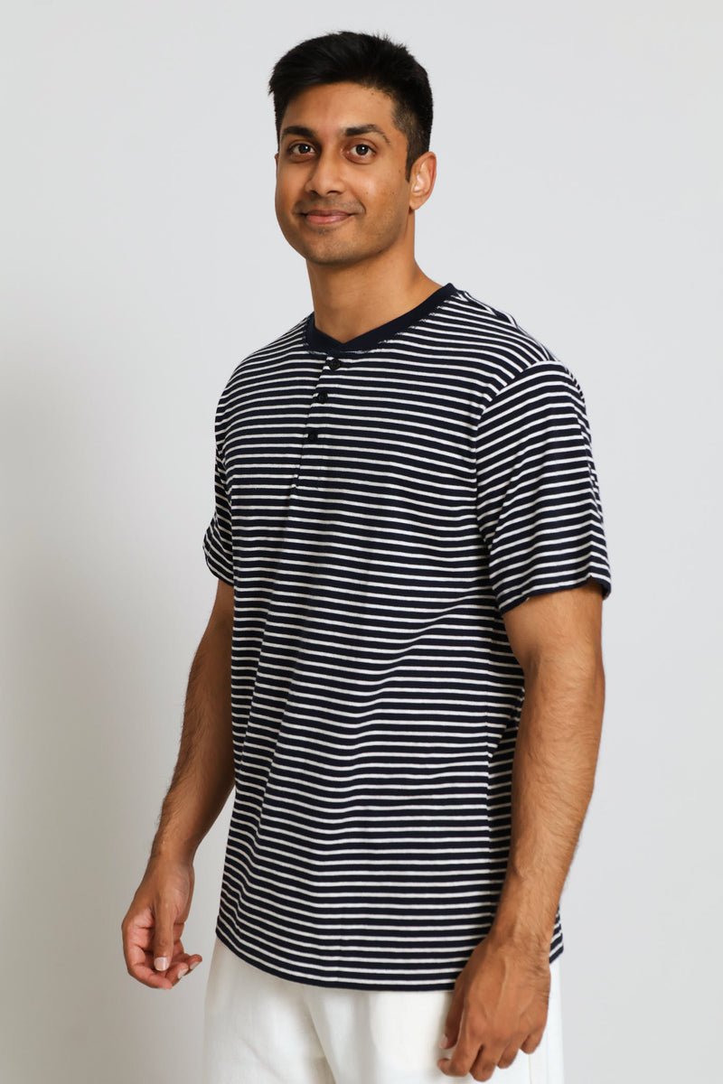 Stripe Yarn Dyed Henley Top - Navy