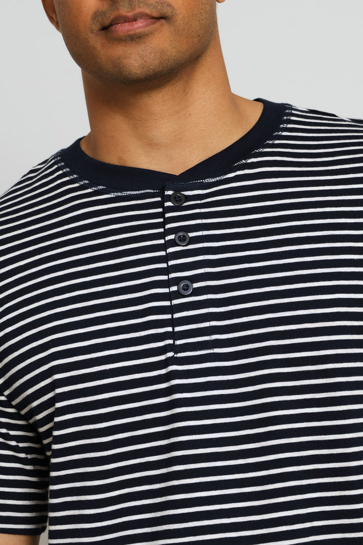 Stripe Yarn Dyed Henley Top - Navy