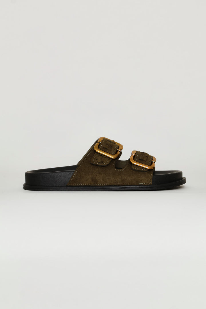 Plaited Double Buckle Mule Sandal - Fatigue