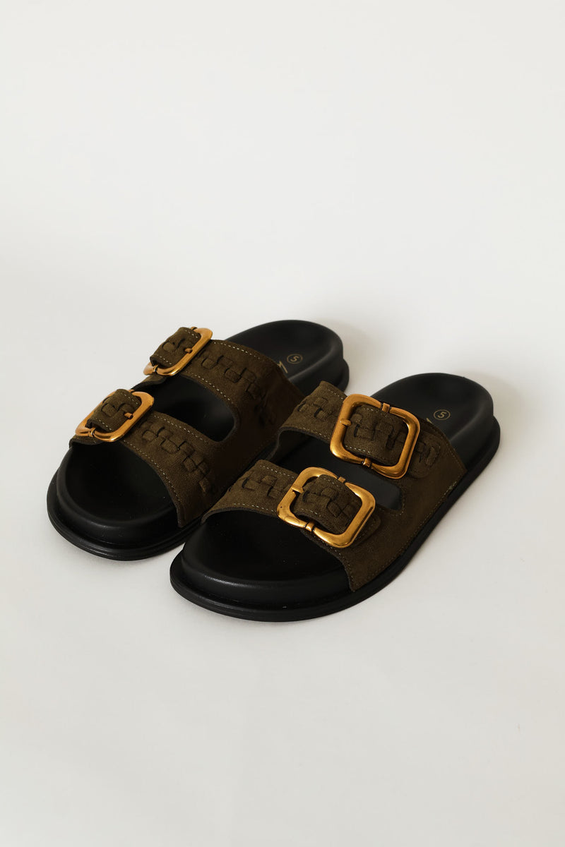 Plaited Double Buckle Mule Sandal - Fatigue