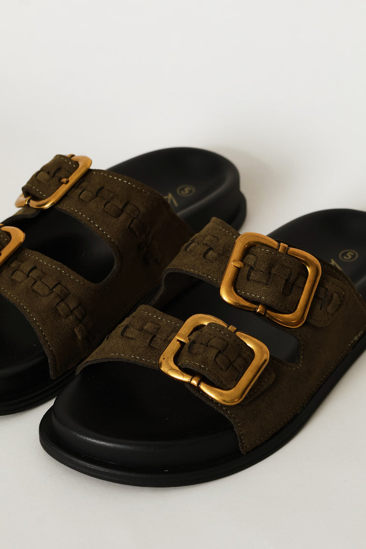 Plaited Double Buckle Mule Sandal - Fatigue