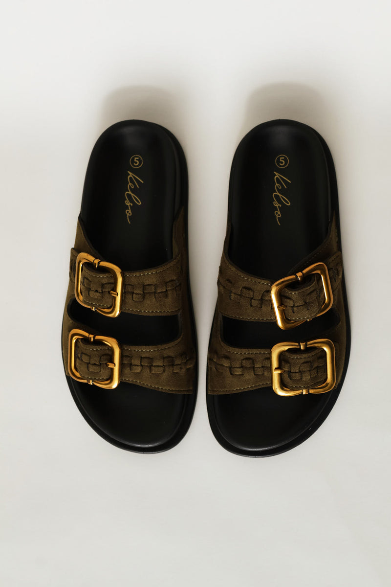 Plaited Double Buckle Mule Sandal - Fatigue