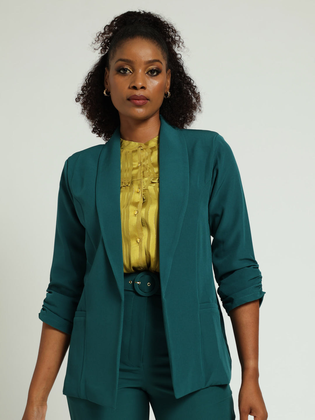 Gauged Sleeve Blazer Teal