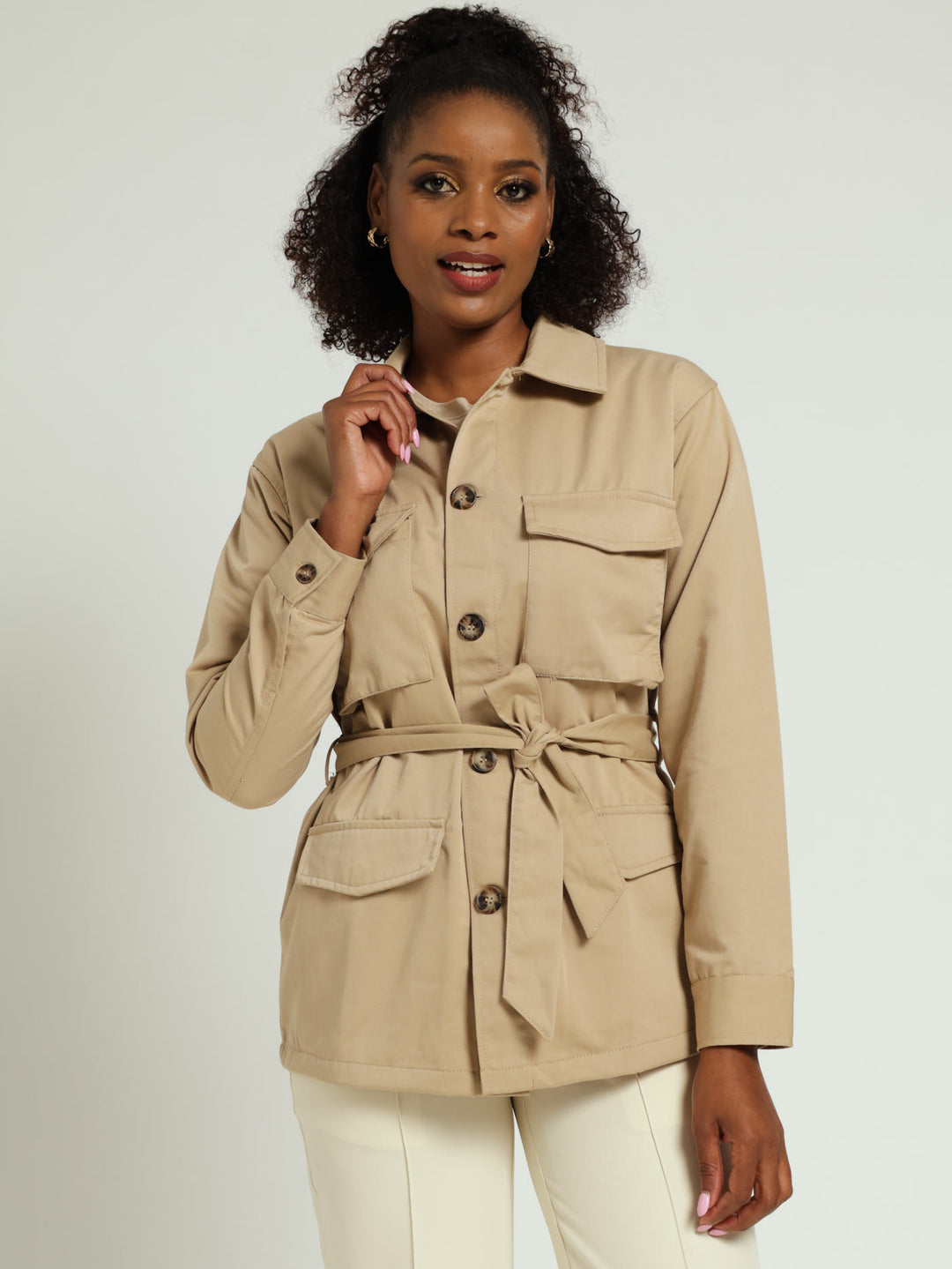 Long Sleeve Utility Detail Light Weight Parka Jacket Stone