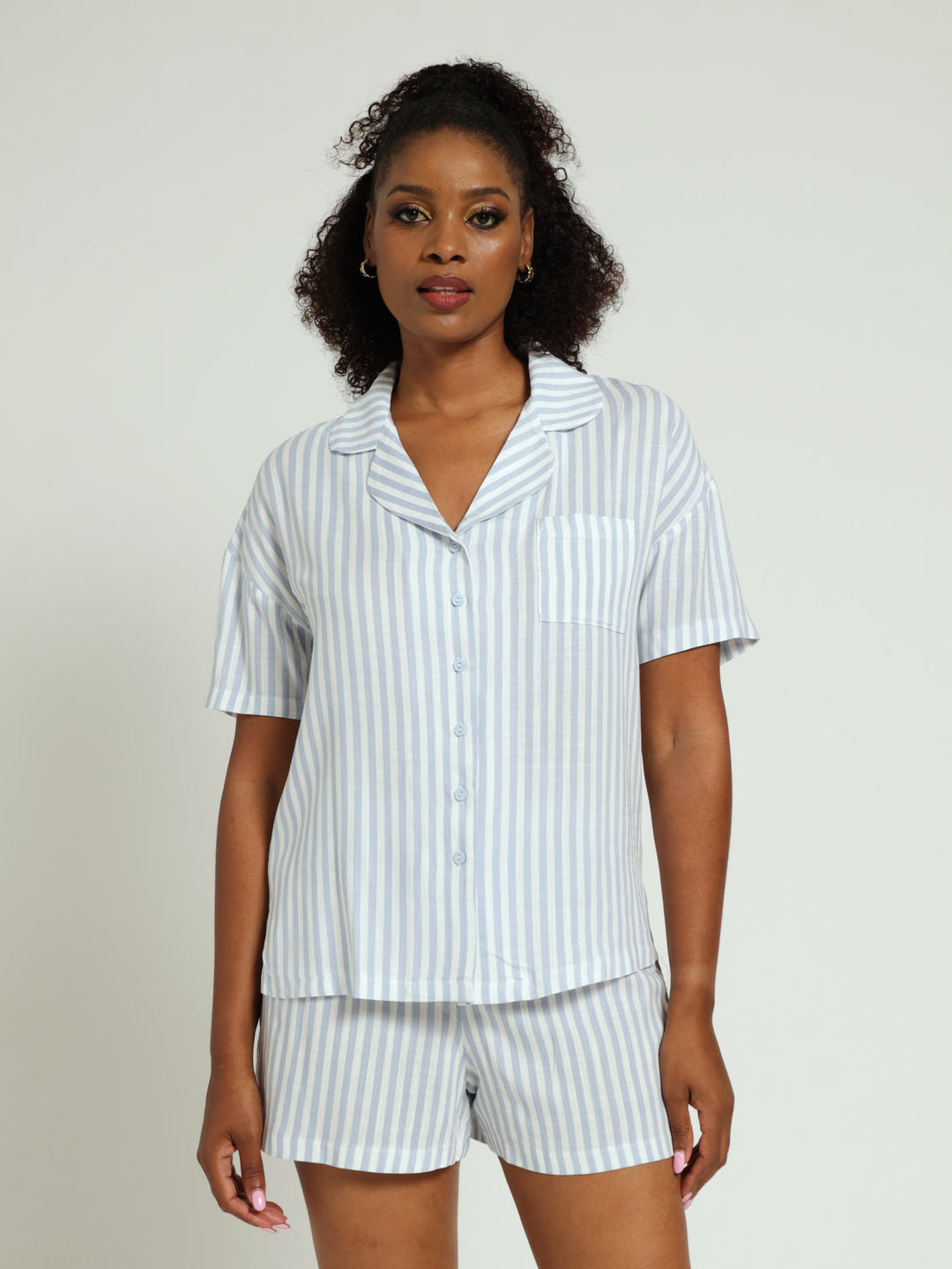 Linen Stripe Button Through Pj Shorts Set - White/Blue