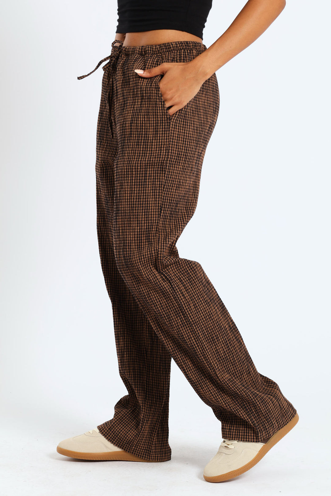 Gingham Check Elastic Wide Leg Pants - Chocolate